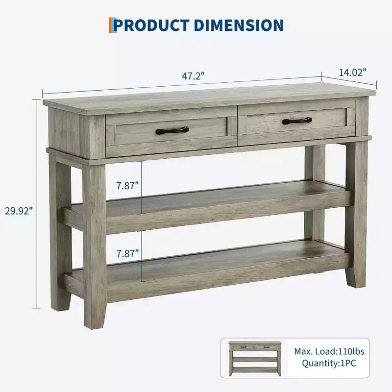 GustoWave Entryway Table, Console Table with 2 Storage Drawers, 3 Tier Farmhouse Wooden Sofa Table, Hallway Tables, Rustic Grey