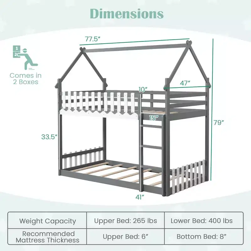 Twin Over Twin House Bunk Bed with Fence & Ladder - Solid Wood, Gray