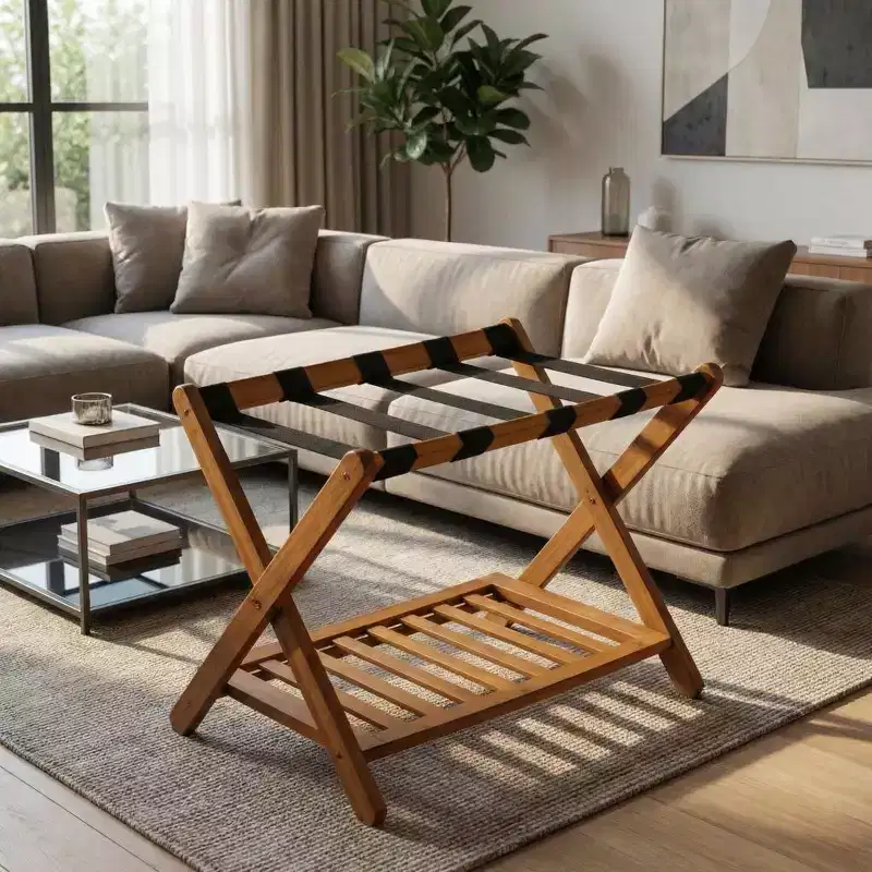 2-Pack Folding Bamboo Luggage Rack with 2-Tier Shelf  Heavy-Duty Walnut Suitcase Stand for Guest Rooms & Hotels