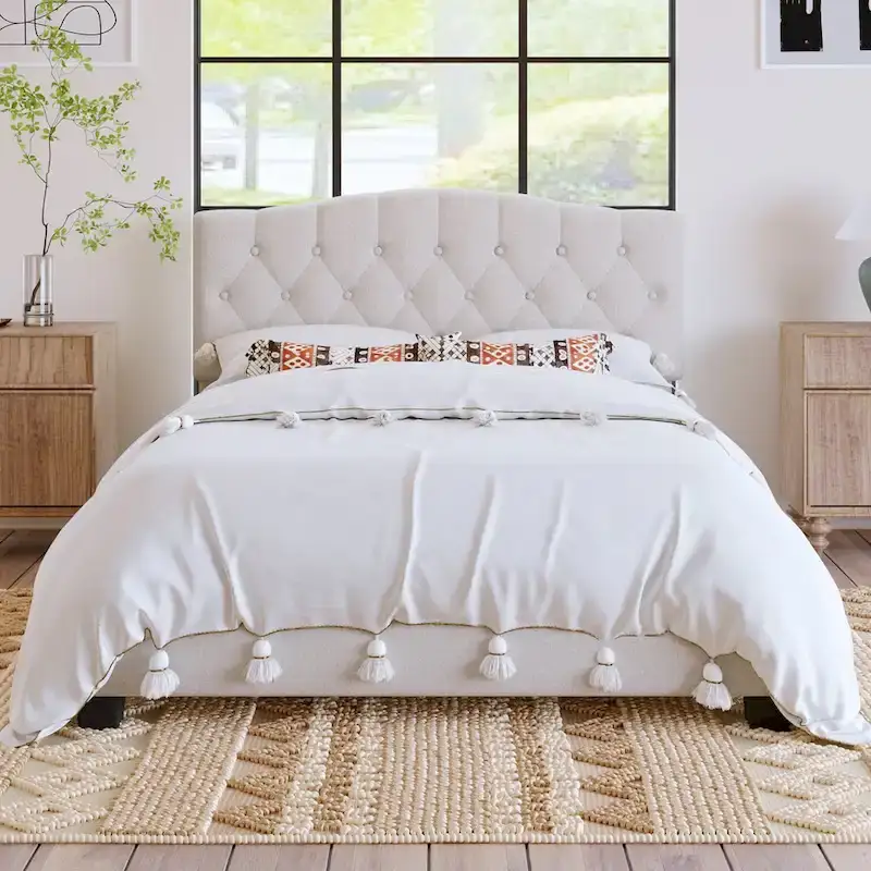 Platform Bed Frame with Saddle Curved Headboard, Modern Medieval Royal Style Platform Bed with Diamond Tufted Details