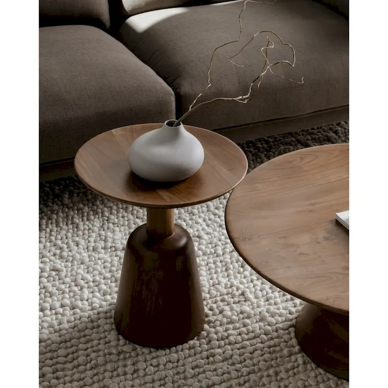 Black / Natural, Modern Round Pedestal Coffee Table for 1 – Solid Wood, 30W x 30D x 14H