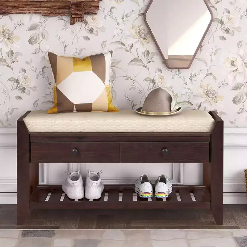 TUYOHW Farmhouse Wood Storage Bench with 2 Drawers & Shoe Rack,Weathered Entryway Bench with Cushion for Bedroom,Living Room