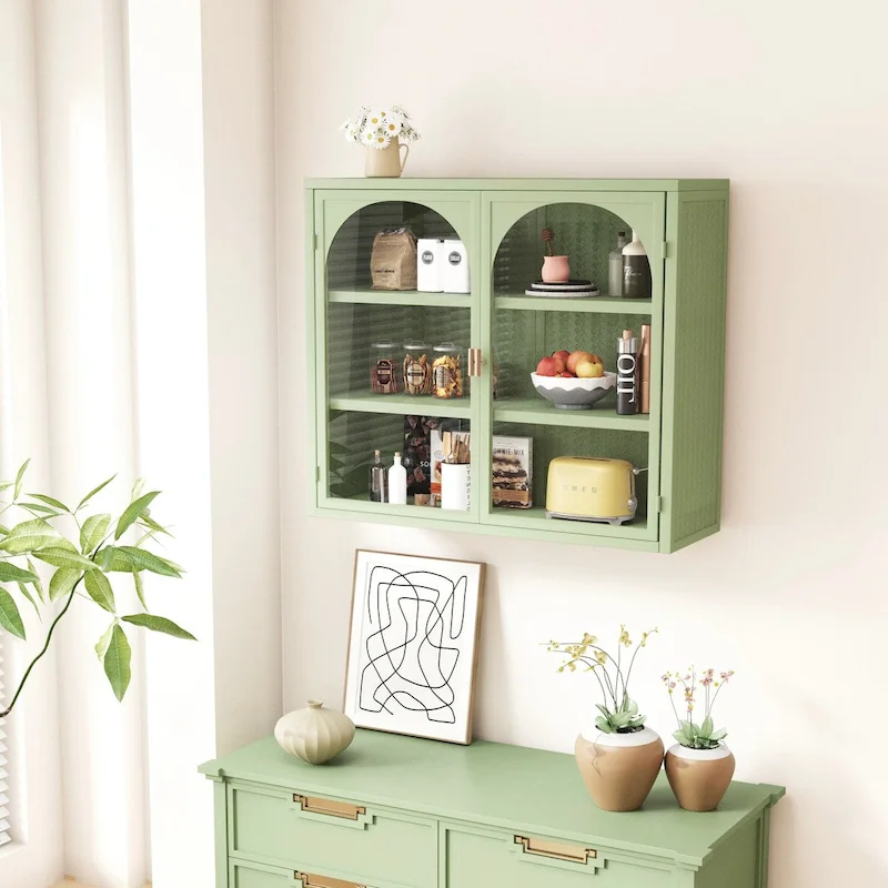 Roomfitters 27.56 Modern Glass Door Wall Cabinet with Three-Tier Storage for Entryway, Living Room, Bathroom