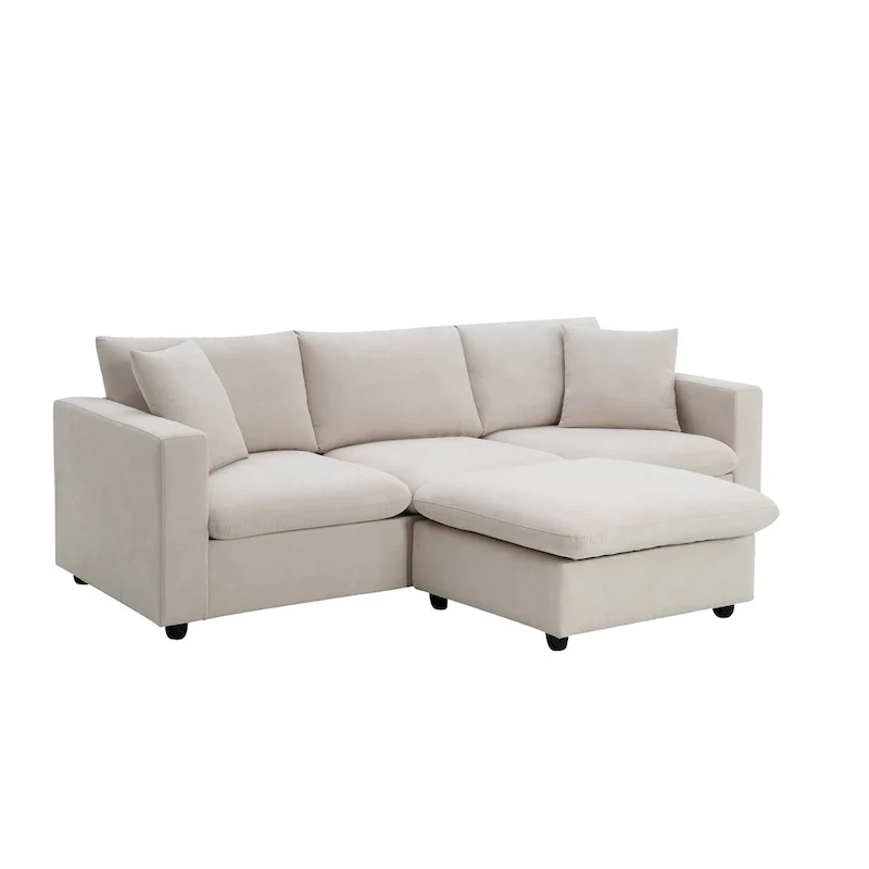 L-shaped Polyester Fabric Couch Set with 2 Free Pillows and Convertible Ottoman