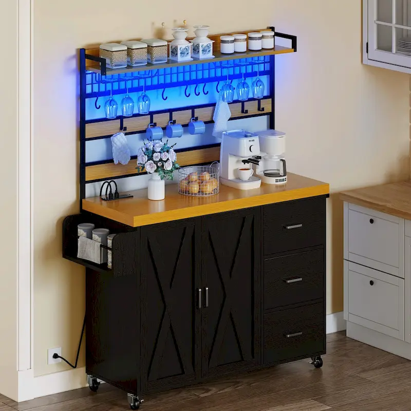 Moasis Large Rolling Kitchen Island With Power Outlet & LED Light, Storage Cabinet With Tall Shelf
