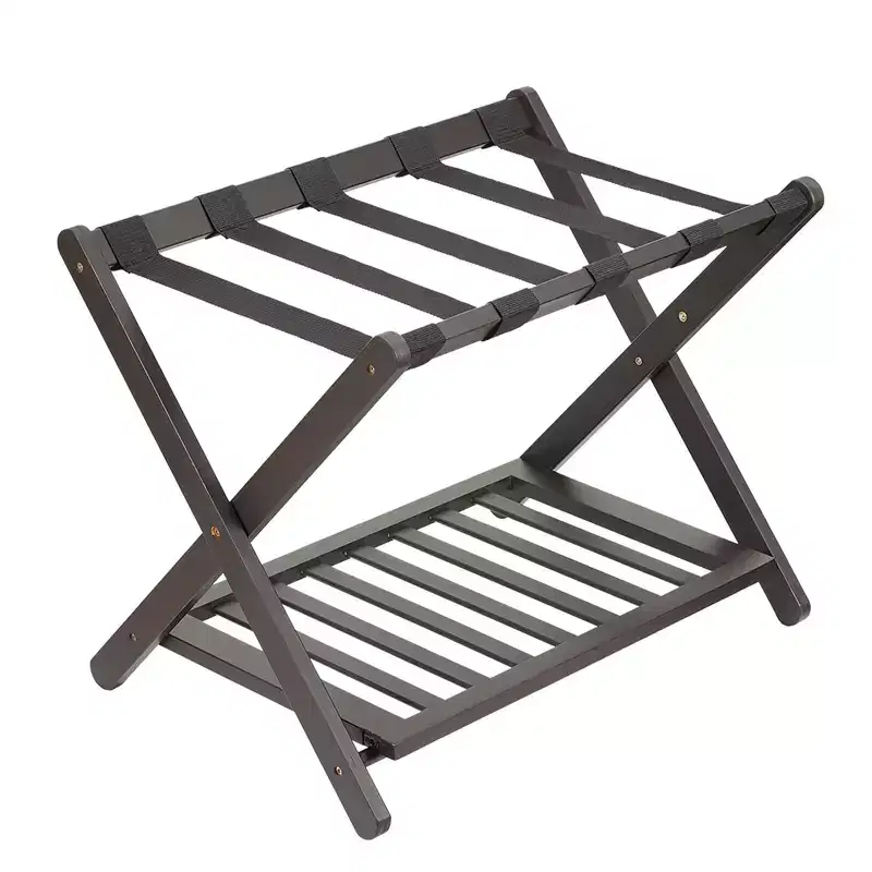 Folding Bamboo Luggage Rack with 2-Tier Shelf  Premium Suitcase Stand Holds Up to 150 Lb for Bedrooms & Hotels