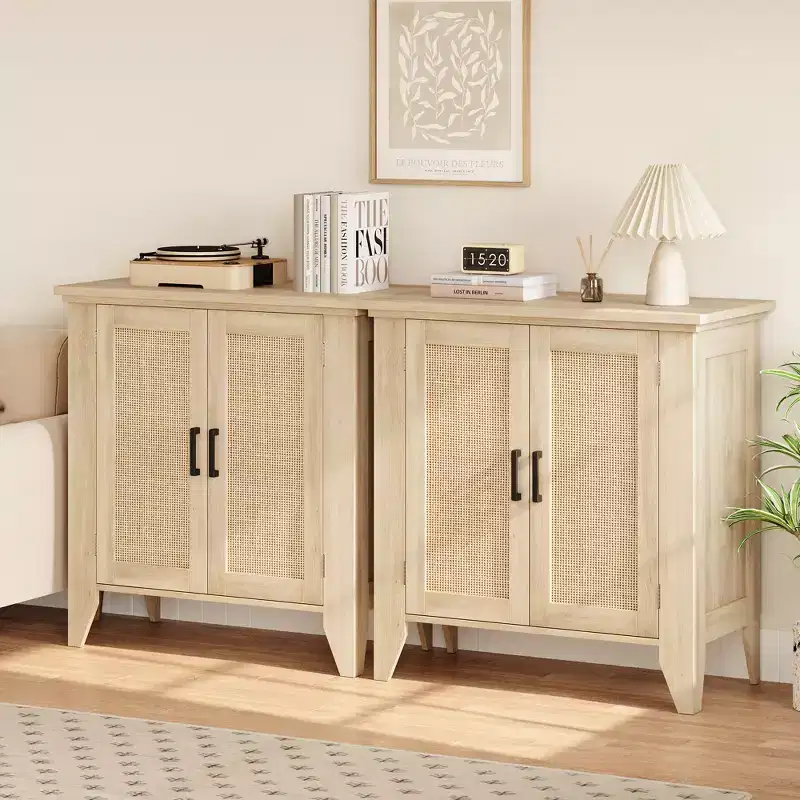 Rattan storage cabinet with doors and shelves, sideboard, suitable for entryways, dining rooms, and living rooms.