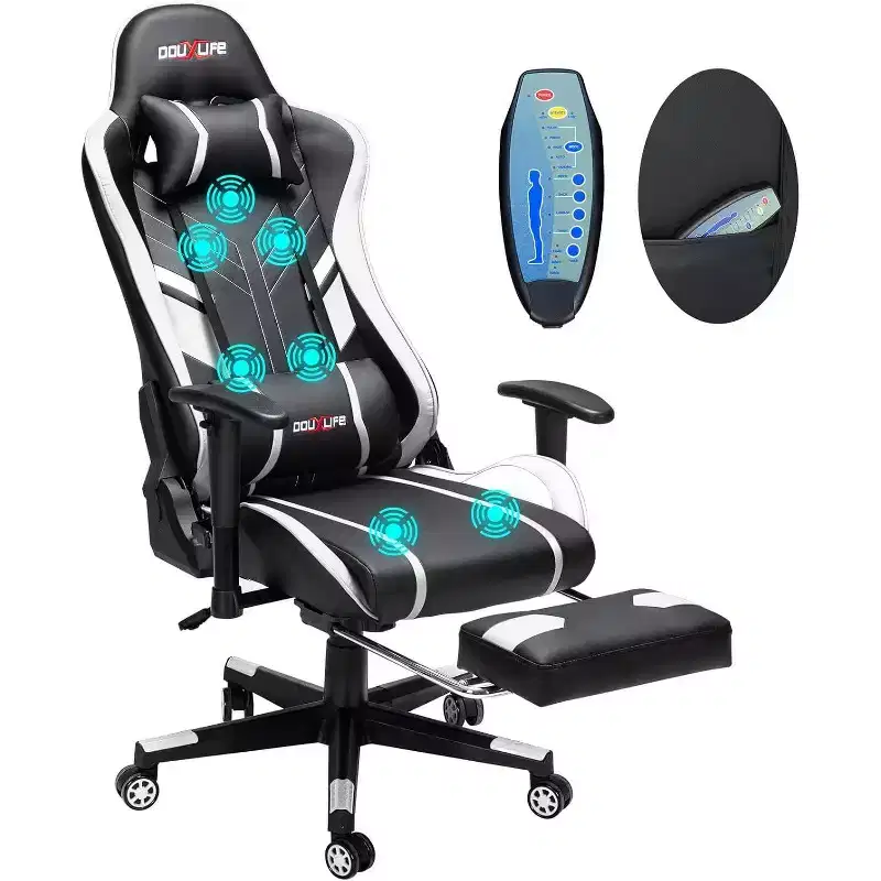 Douxlife Modern 7-Point Massage Ergonomic Gaming Chair with Footrest & Adjustable Armrests Black White