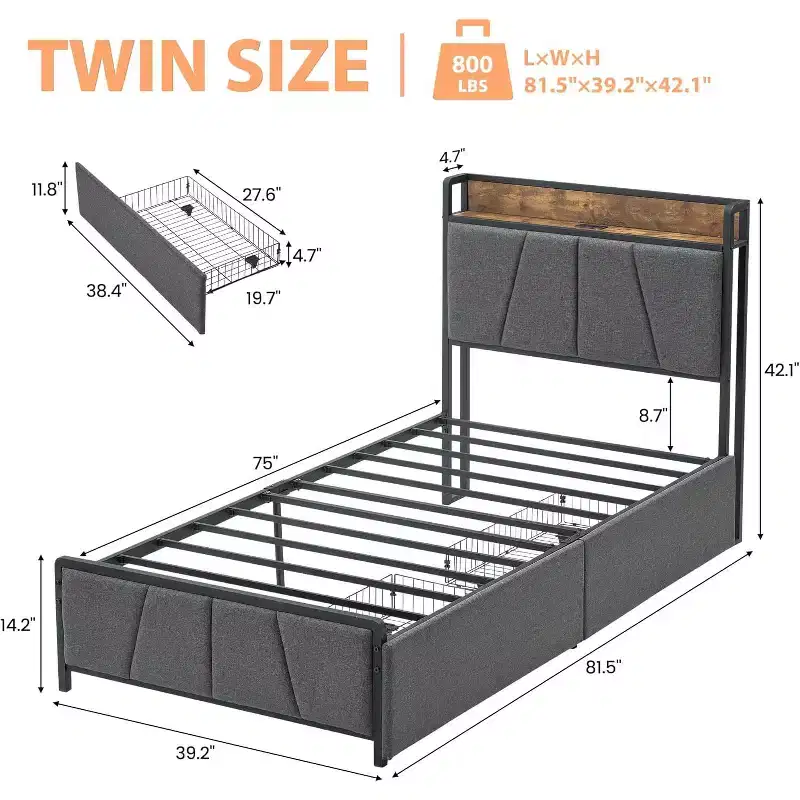 Rustic Linen Bed Frame with Storage Drawers & USB Charging, No Box Spring Needed, Easy Assembly