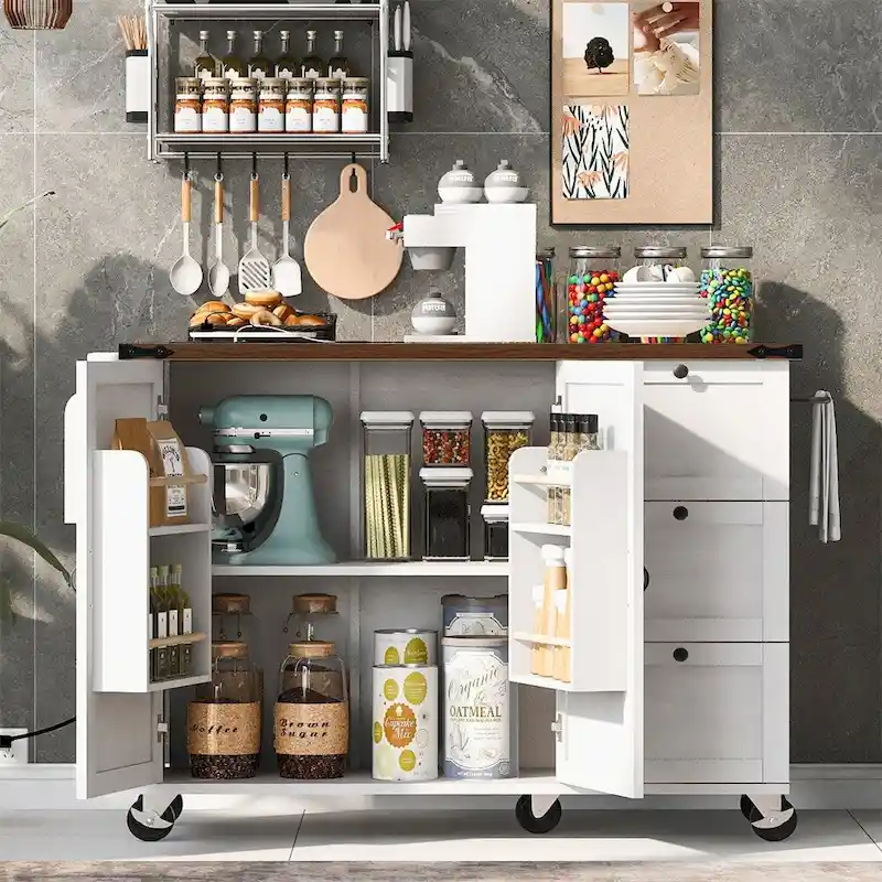 54.5Wood Rolling Kitchen Island w/ Power Outlet,Internal Storage Rack