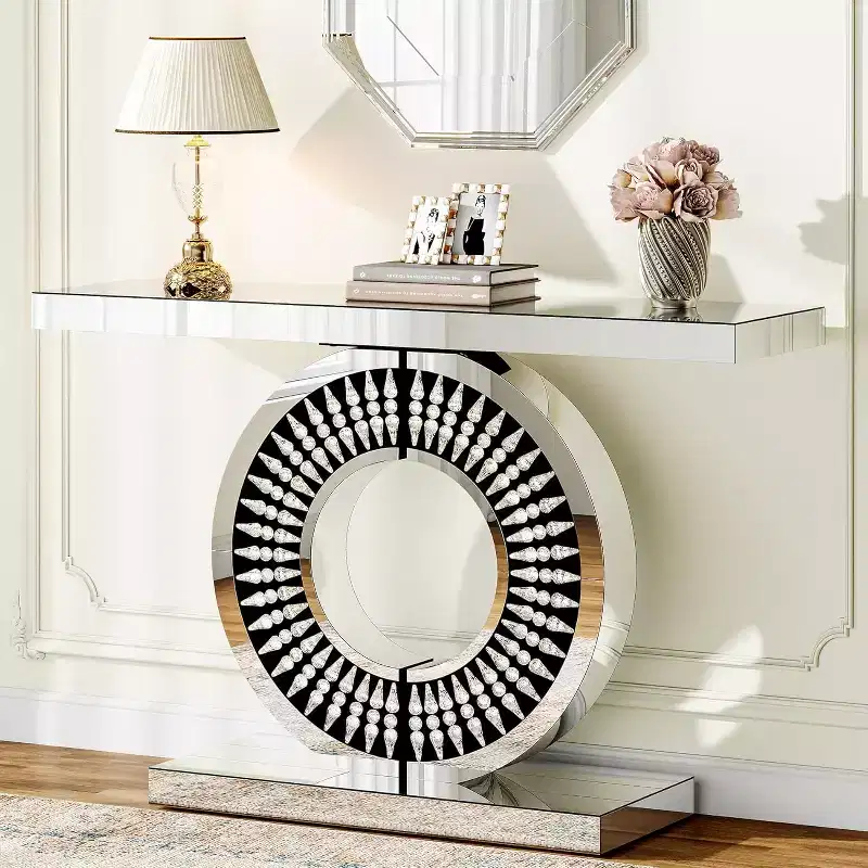 Modern Mirrored Console Table, 43 Inch Glass Sofa Table with Sparkling Crystal Inlays Base for Entrance, Living Room, Hallway