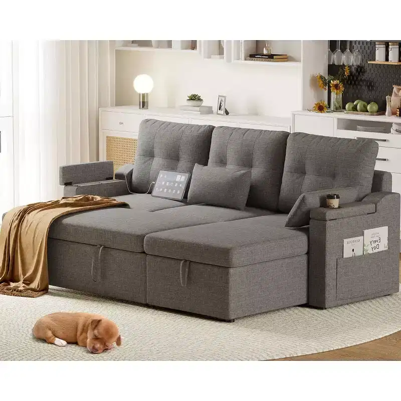84 Modern Sleeper Sofa Bed, Upholstered Reversible Sectional Sofa Couch, Deep Seat Sofa Couch for Living Room Bedroom Apartment Office