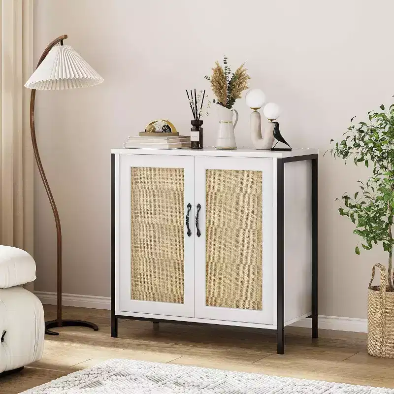 Acekool Rattan Storage Cabinet with Doors and Shelves, Accent Sideboard Buffet for Entryway, Living Room, Office, Modern Boho Organizer