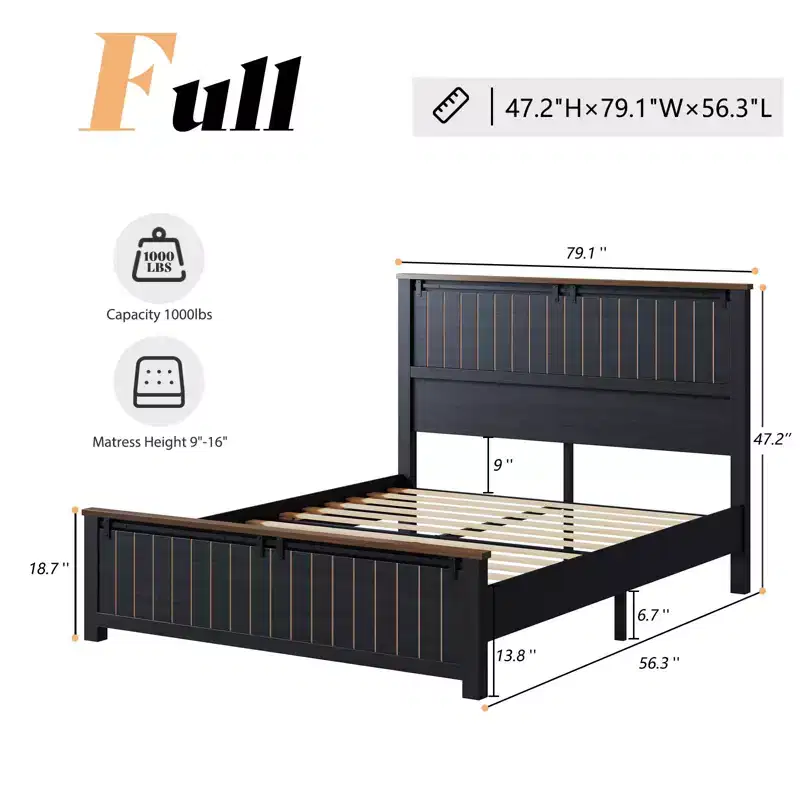 Farmhouse Bed Frame with 47 Tall Headboard and Sliding Barn Doors