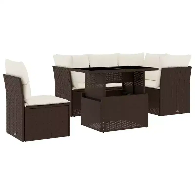 vidaXL 6 Piece Patio Sofa Set with Cushions, Poly Rattan Outdoor Sectional Furniture, Modular Design, Adjustable Tabletop