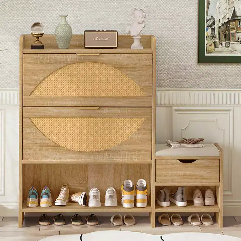 Shoe Storage Cabinet Rattan with 2 Flip Drawers, Storage Drawer and Bench for Entryway and Hallway, Light Brown