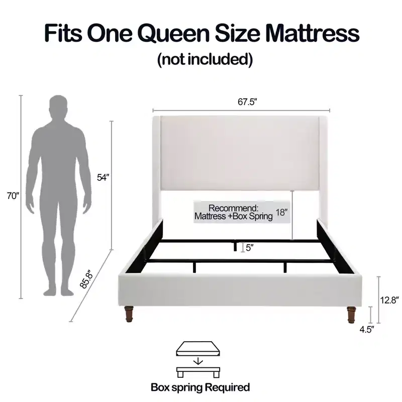 GDFStudio Delia 54 Headboard Chenille Upholstered Wingback Bed with Solid Wood Legs, Box Spring Required