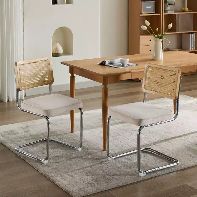 TUYOHW Modern Dining Chairs Set of 2,Accent Chairs with Natural Cane Back,Chrome Steel Base,Linen Upholstered Rattan Chairs for Dining Room