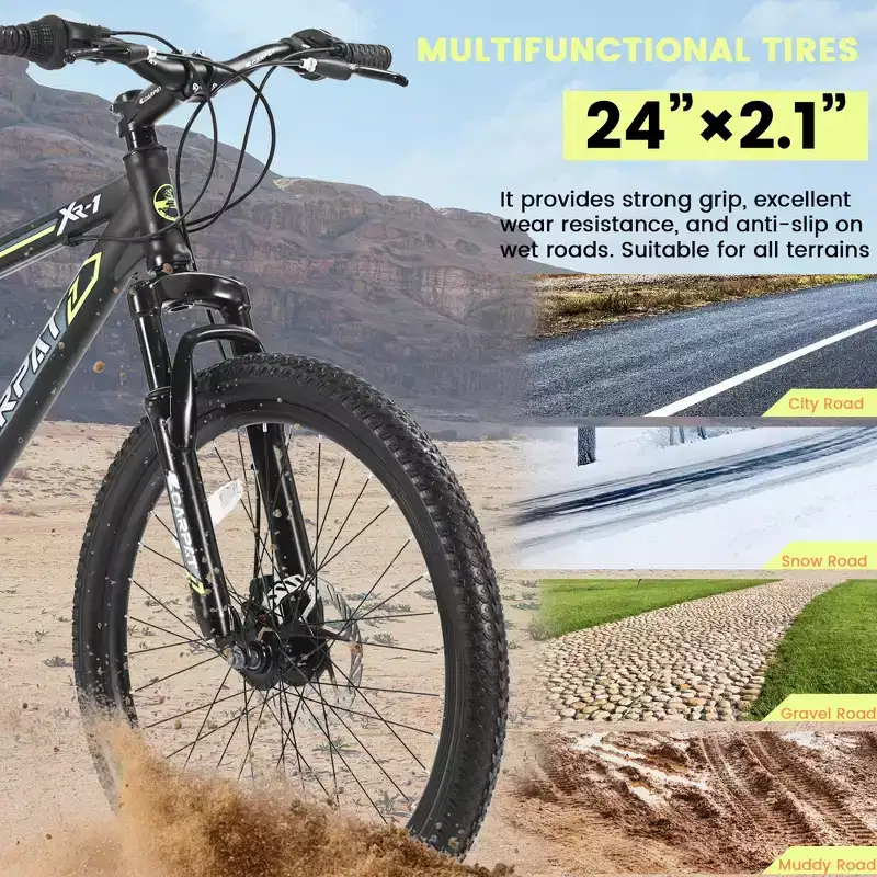 NAYSAYE 24 Inch Mountain Bike 21 Speed Dual Disc Brakes Steel Frame Bikes for Adults for Outdoor Adventure, Black and Green, 26.3*7.88*28.35
