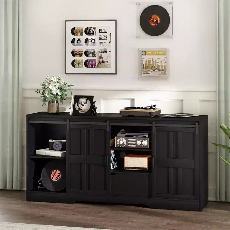 JVNOXK TV Stand for 65 Inch TV, Mid Century Modern Entertainment Center with Sliding Barn Doors, Black