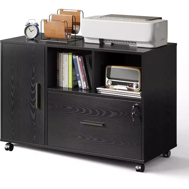 Office File Cabinet with Lock, 1-Drawer Wood Lateral Filing Cabinet on Wheels, Printer Stand with Open Storage Shelves for Home Office