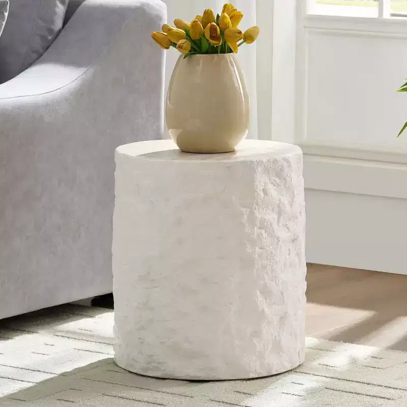 MAYEERTY 15.8 Inch Modern Imitation Stone Round Coffee Table, Fiberglass End Table for Living Room Bedroom, No Assembly Required
