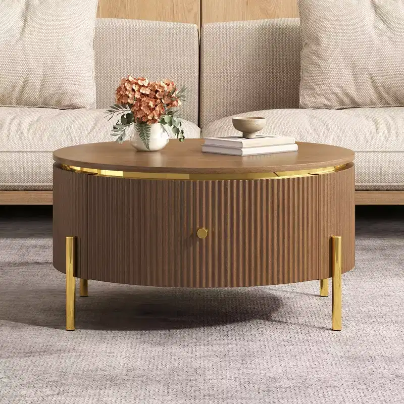 Modern Round Coffee Table with 2 Large Storage Drawers, 31.5 Accent Table for Living Room, Brown