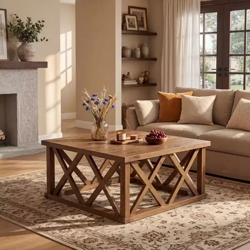 Brown Square X-Frame Solid Wood Coffee Table, Farmhouse Style, Seats 2–4