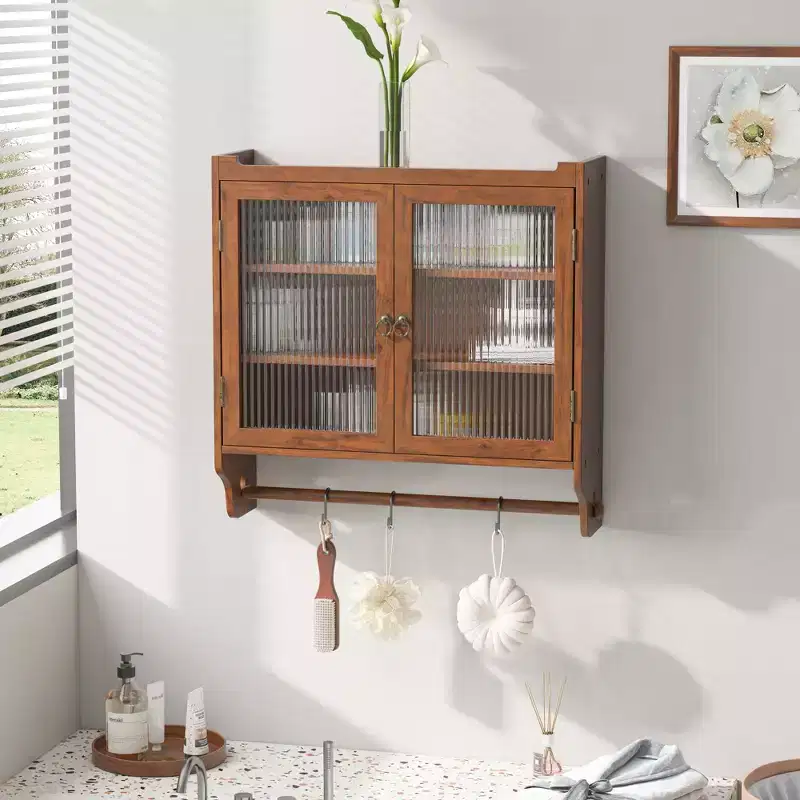 Vintage 2-Door Wall Cabinet with 3-Tier Storage and Towel Rack for Bathroom, Kitchen and Living Room