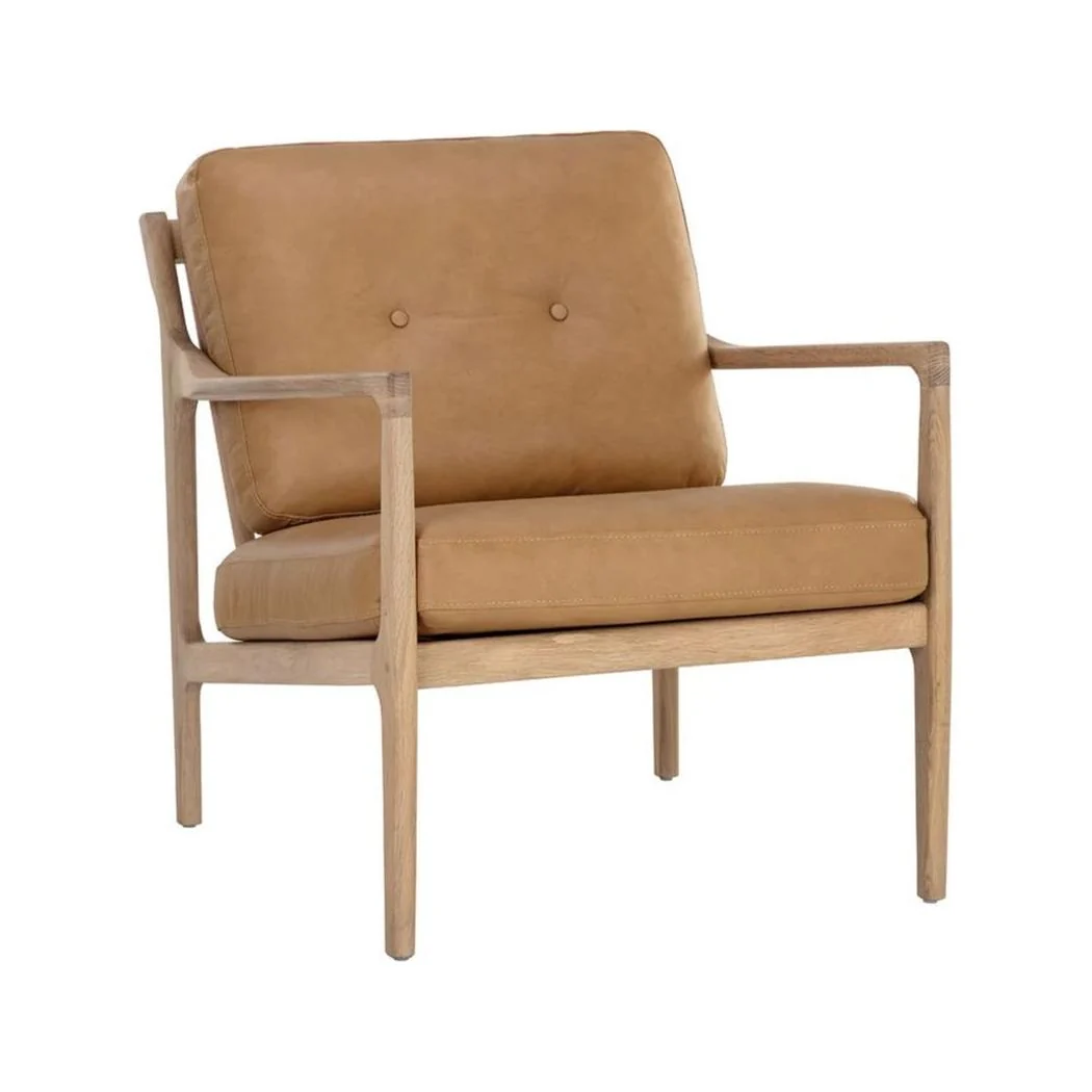 Mid-Century Solid Oak & Leather Lounge Chair with Button-Tufted Back for Living Room or Study