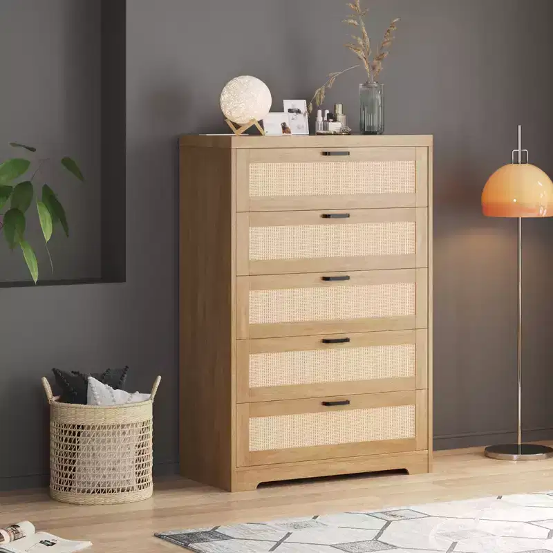 Tall Rattan Dresser with 5 Drawers, Wooden Storage Chest with Wide Top for Bedroom & Entryway