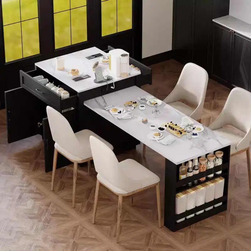 Kitchen Island with Extendable Dining Table for 4-6 Person, Faux Mable Kitchen Table with Power Outlet, Kitchen island with Storage Drawers