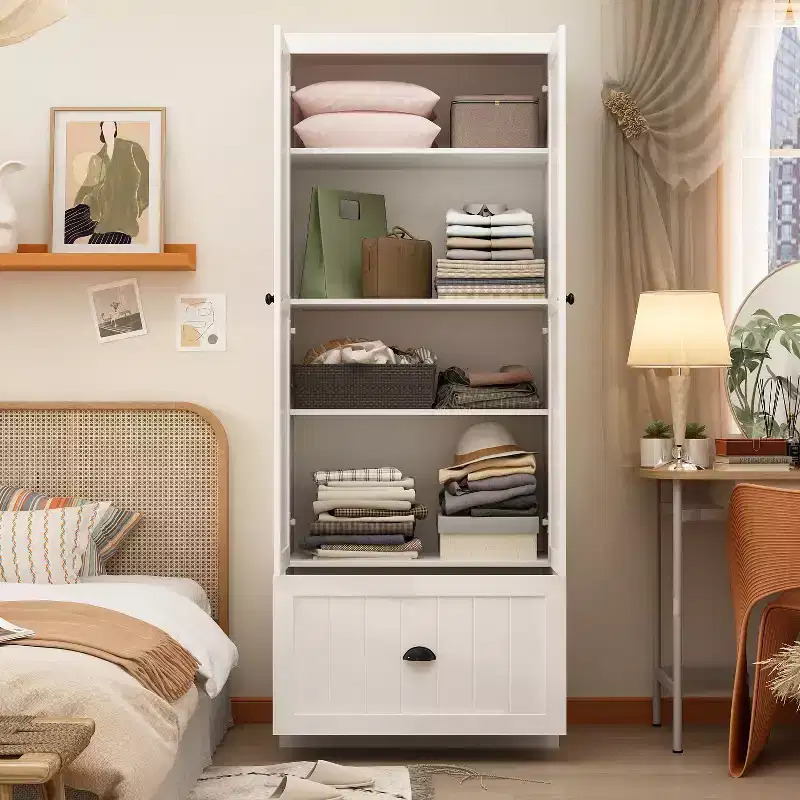 Famapy Freestanding Wardrobe with Adjustable Shelves & Bottom Drawer,Armoire Closet Clothing Organizer,Bedroom/Entryway Storage Cabinet