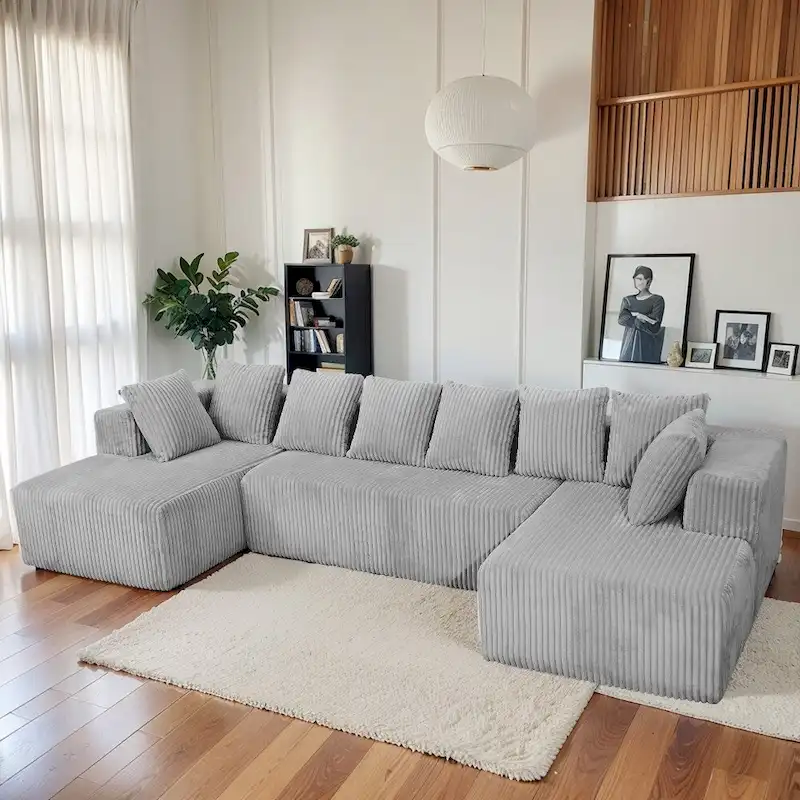 Modern 130 Corduroy Fabric U-shaped Sectional Sofa with Reversible Design for Living Room