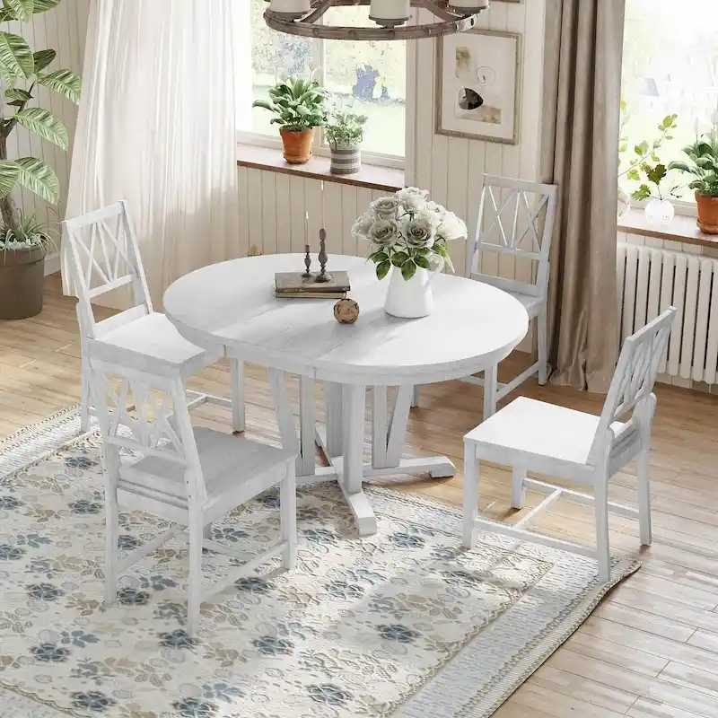 Farmhouse Solid Wood 4 Person Round Extendable Dining Table Set for Kitchen, Dining Room