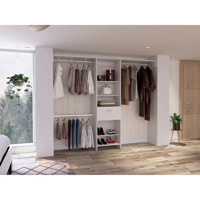 FM Furniture Cross Closet System with Drawer, 3 Metal Rods, and 5 Open Shelves