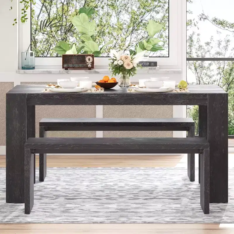 Clihome 3-piece Farmhouse Style Simple Dining Set, Dining Table and 2 Benches, for Dining Room, Kitchen and Living Room