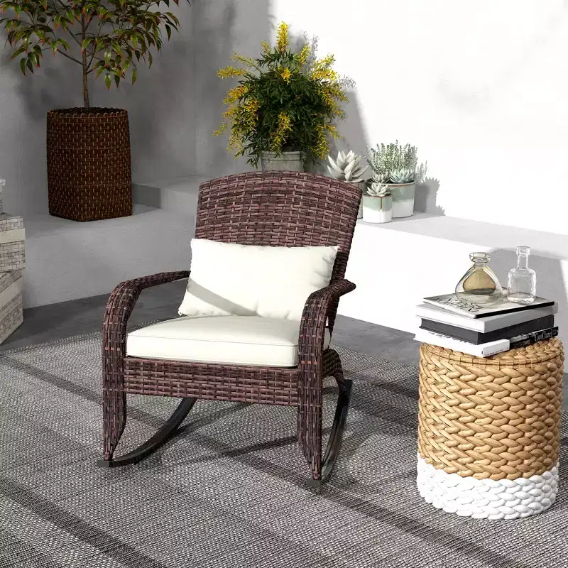 Outsunny Outdoor Wicker Adirondack Rocking Chair, Patio Rattan Rocker Chair with High Back, Seat Cushion and Pillow for Porch, Balcony