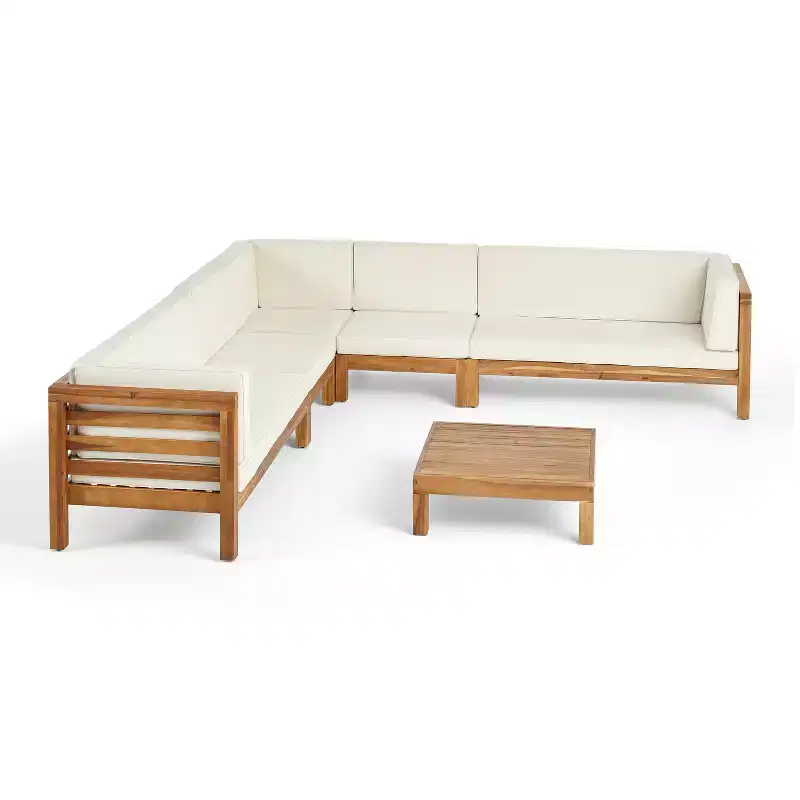Christopher Knight Home Cascada Outdoor Acacia Wood 7 Seater Sectional Sofa Chat Set with Cushions