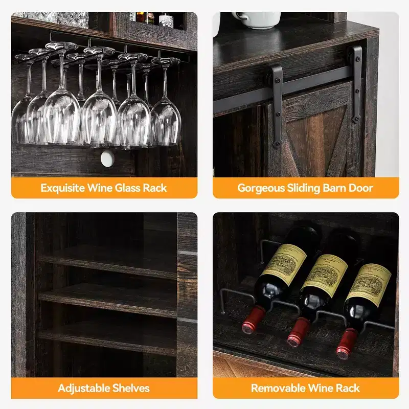 70'' Farmhouse Coffee Bar Cabinet, Liquor Cabinet with Glass Doors & Wine Racks, Kitchen Hutch Buffet Cabinet for Living Room Apartment