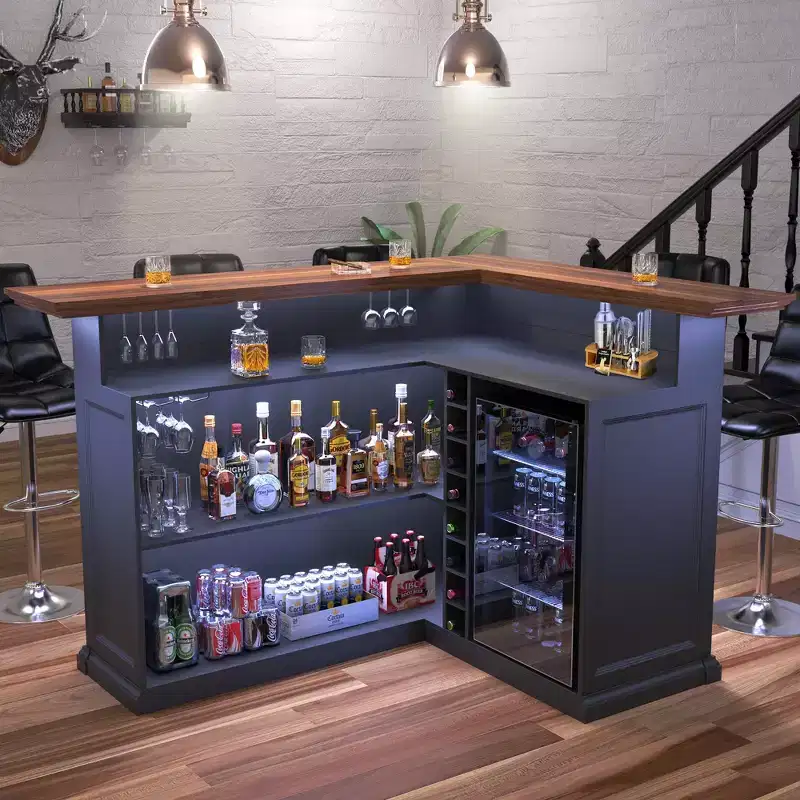 GDLF L Shaped Home Bar Cabinet with Fridge Space, Oversized Modern Basement Bar Table