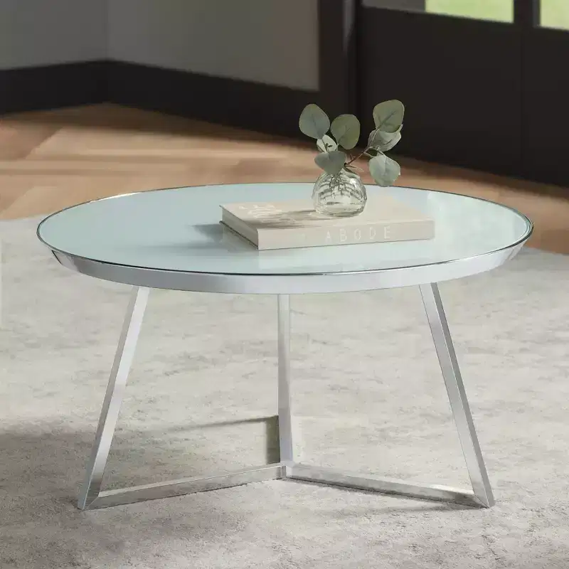 Studio 55D Luciana Modern Chrome Metal Round Coffee Table 29 3/4 Wide Silver White Glass Tabletop for Living Room Bedroom Bedside