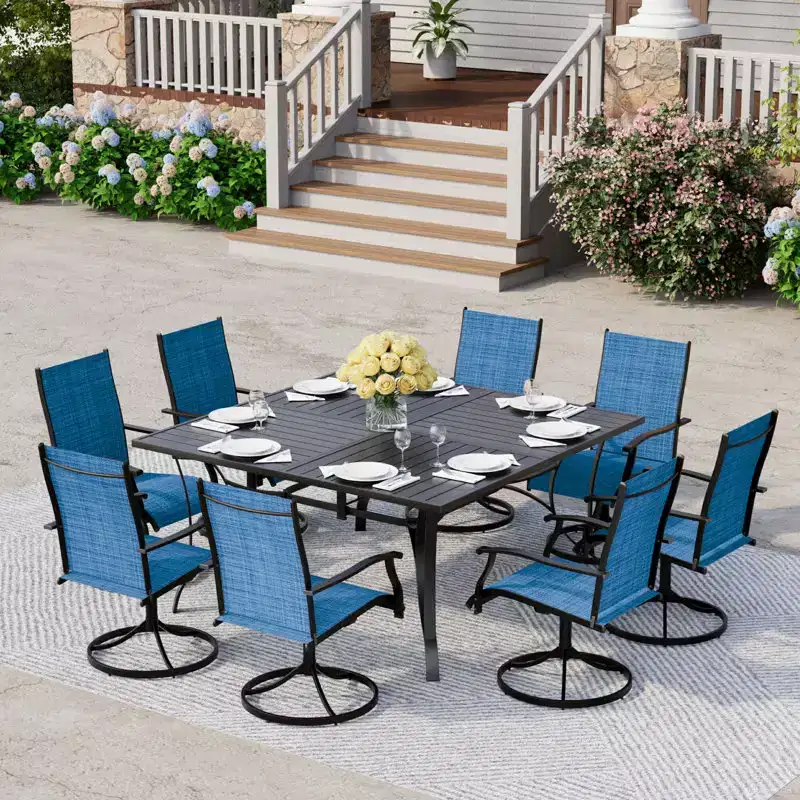 EROMMY 9 Piece Patio Dining Set, Outdoor Dining Table And Chairs Set For 8,Patio Furniture Set For Deck, Backyard, Lawn, Poolside, Brown/gray/blue