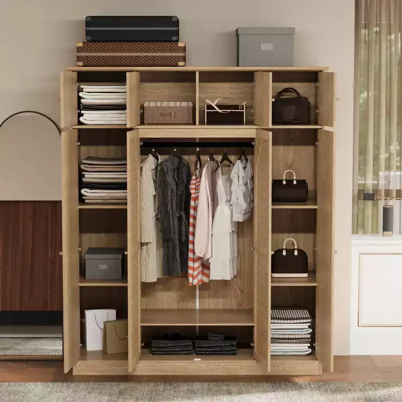 70.87Tall 8-Door Large Capacity Armoire Wardrobe Closet with Hanging Rod, Adjustable Shelves and Rattan Decorative Doors