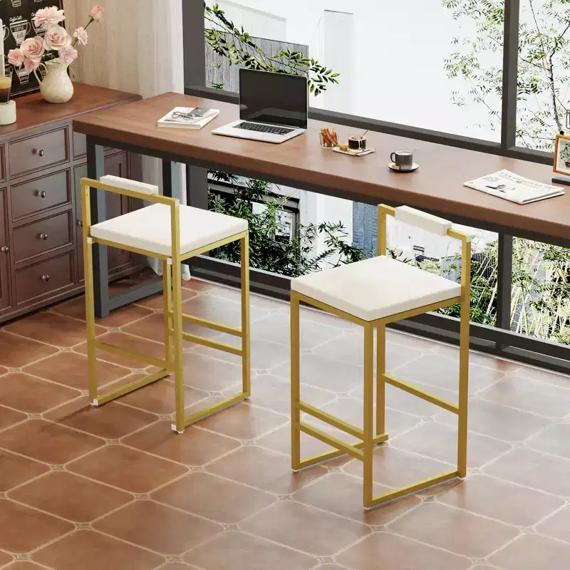 MAYEERTY Upholstered Velvet Bar Stools Set of 2 Modern Counter Height Indoor Dining Chairs Gold Creamy White