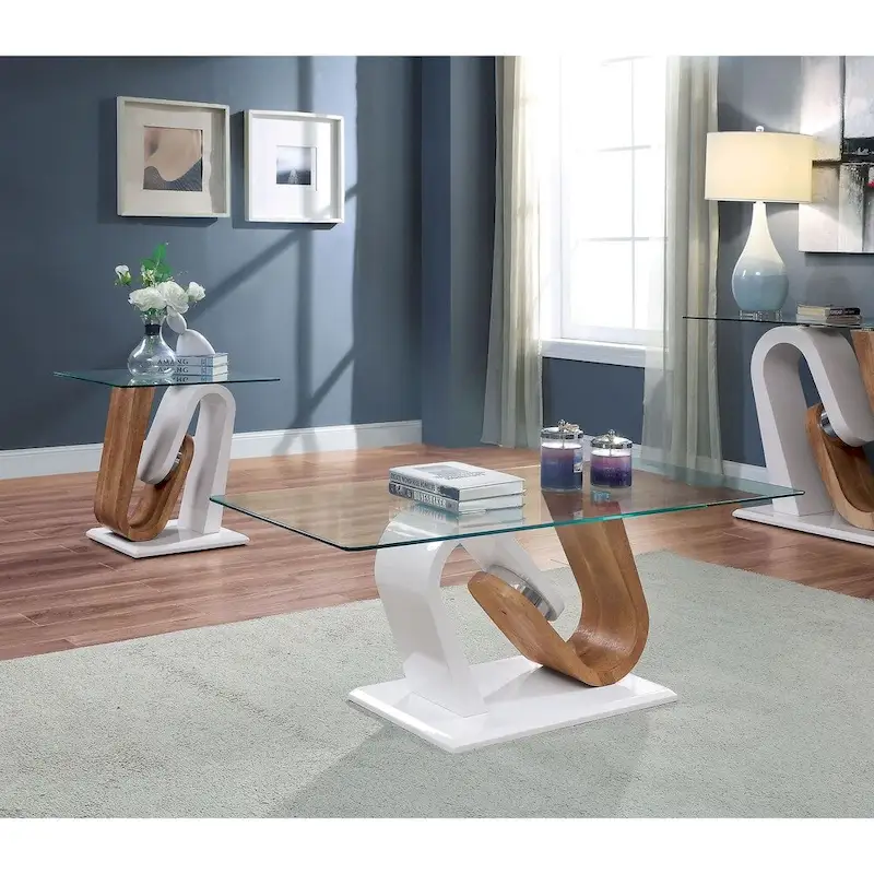 Contemporary White and Natural 47-inch Glass Top Coffee Table