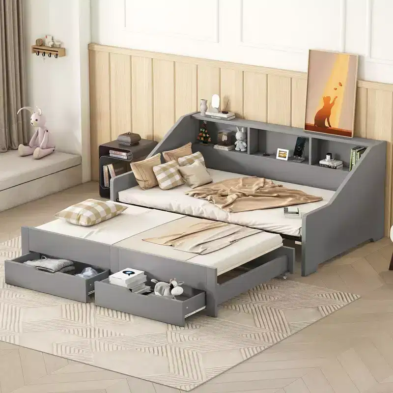 Twin to King Expandable Daybed with USB Ports, Storage Bookcases and 2 Drawers, White/Gray
