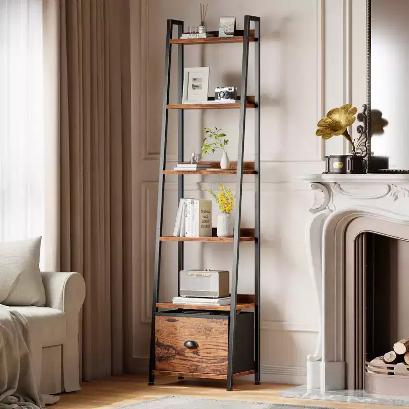 Qwatto Brown 6 Tier Ladder Bookshelf with Drawer Tall Industrial Wood Metal Freestanding Storage Rack Etagere Display Bookcase for Home Office Rooms
