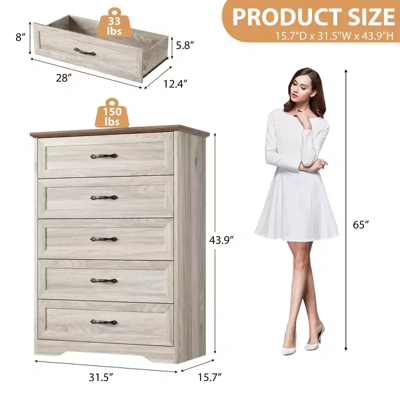 Dresser, Wooden Dresser for Bedroom, Anti-Tip Device, Metal Handle, Modern Storage Organizer, for Living Room, Bedroom