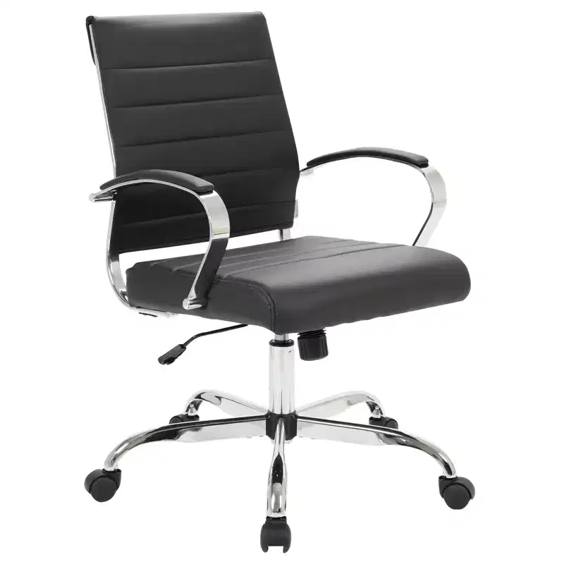 Ribbed Leather Office Chair – Mid-Century Modern Swivel & Tilt Executive Desk Chair, Chrome Base